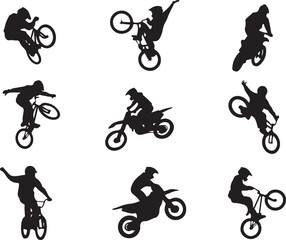 Obraz premium Black silhouettes of cyclists performing stunts on bicycles and motorcycles vector
