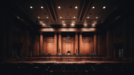 Empty courtroom interior with wooden paneling.