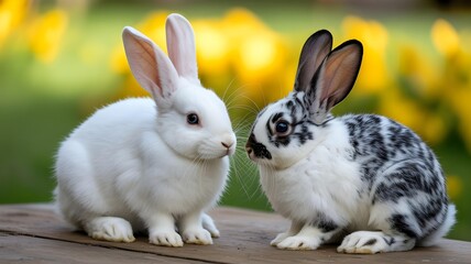 Obraz premium Two adorable baby rabbits sitting on a wooden surface