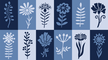 Scandinavian flowers set. Nordic blooming flowers and leaves collection in minimalist folk style.Vector illustartion