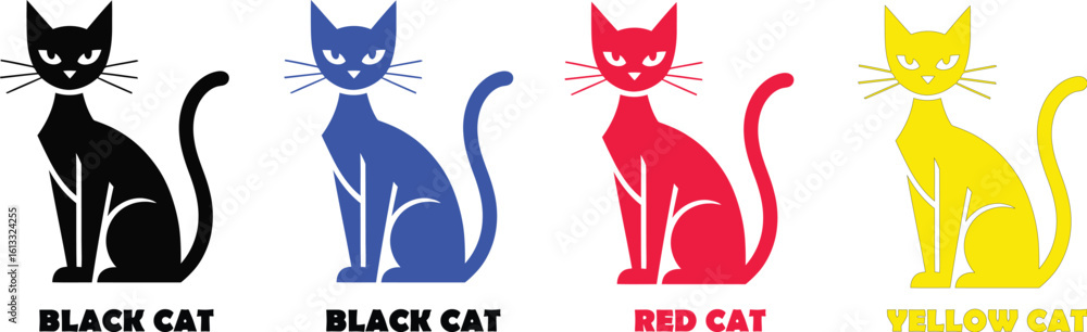 Poster stylized black cat sits upright with a curled tail on a light gray background with text below it