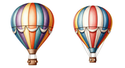Naklejka premium Two vintage hot air balloons with colorful striped patterns and wicker baskets isolated on transparent background