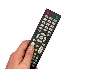 White male hand on white background presses buttons on TV remote control, man switches TV channels...