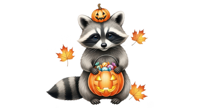 Cute watercolor raccoon wearing a small pumpkin on its head holding a jack o lantern filled with candy and surrounded by autumn leaves isolated on transparent background