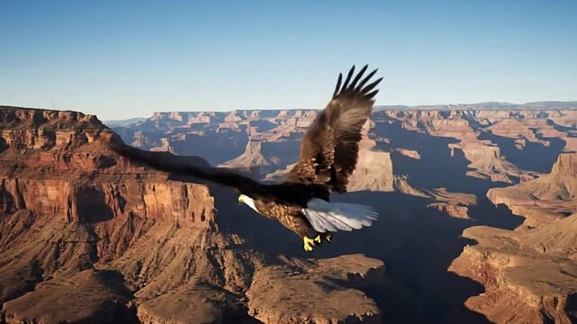 Bald eagle soars over the Grand Canyon wings spread