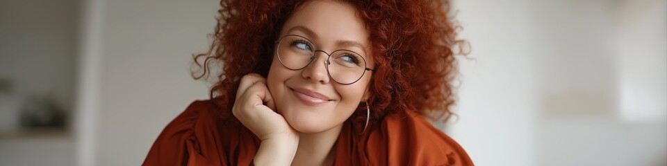 Smiling caucasian female with red curly hair and glasses in thoughtful pose