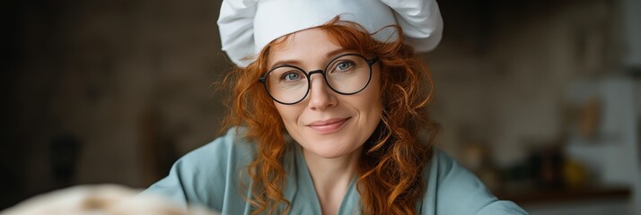Young caucasian female chef with red hair and glasses smiling in kitchen
