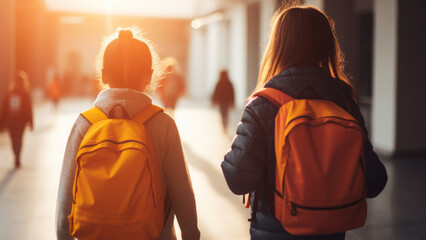 Back to school morning scene with girls walking toward campus, vibrant backpacks and soft sun flare. Soft focus.