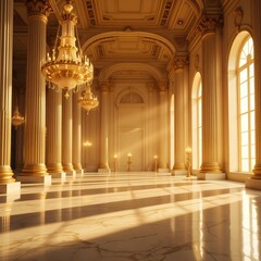 Fototapeta premium Grand Palace Hall with Ornate Chandeliers and Golden Columns, Luxurious Interior Space Bathed in Sunlight