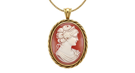 Elegant oval cameo pendant necklace featuring a carved profile of a woman with elaborate hairstyle isolated on transparent background