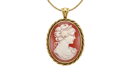 Elegant oval cameo pendant necklace featuring a carved profile of a woman with elaborate hairstyle isolated on transparent background