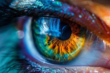 Extreme closeup of colorful human eye showing iris, pupil and eyelashes