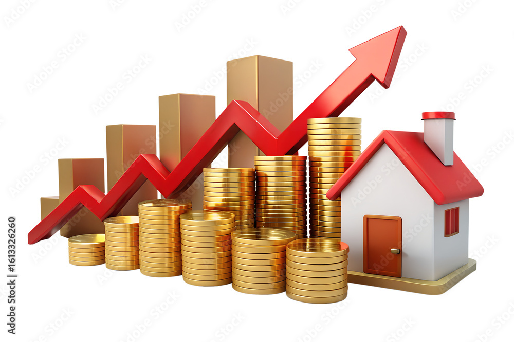 Poster a 3d render of a house with stacks of gold coins and a red upward trending bar chart isolated on tra