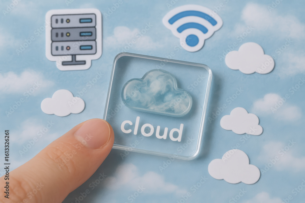 Poster cloud concept with server and wifi icons represents internet network communication and modern techno