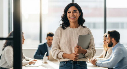 Portrait of a confident smiling young businesswoman holding a laptop, with her team meeting in a modern, sunlit office background