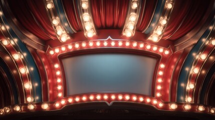 Vintage Cinema Marquee With Bright Blinking Lights Ready for New Show Announcements, Located in a Nostalgic Downtown Area During Evening Hours