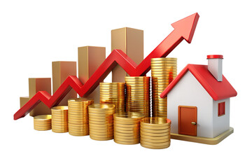 A 3d render of a house with stacks of gold coins and a red upward trending bar chart isolated on transparent background