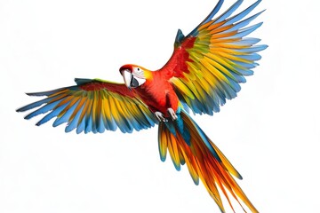 Fototapeta premium Colorful macaw parrot in mid-flight with vibrant feathers spread wide on clean white background
