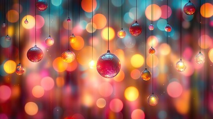 A Festive Symphony of Light: Abstract Celebration with Hanging Ornaments and Bokeh