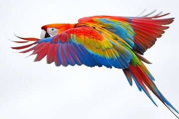 Fototapeta premium Colorful macaw parrot in mid-flight with vibrant feathers spread wide on clean white background