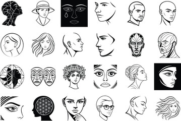 Diverse human faces and symbolic imagery collection portraits icons