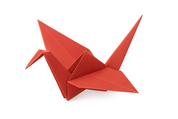 Red origami crane is gracefully flying with transparent background, showcasing japanese art of paper folding