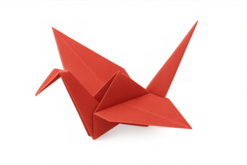 Red origami crane is gracefully flying with transparent background, showcasing japanese art of paper folding