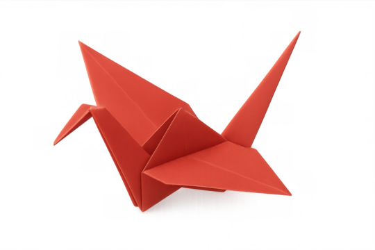 Red origami crane is gracefully flying with transparent background, showcasing japanese art of paper folding