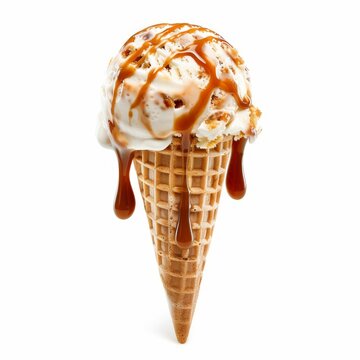 Delicious ice cream scoop with caramel sauce dripping onto a waffle cone, isolated on white background