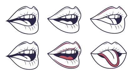 Six stylized lips in various open and closed positions with dark purple and maroon accents mouth open mouth
