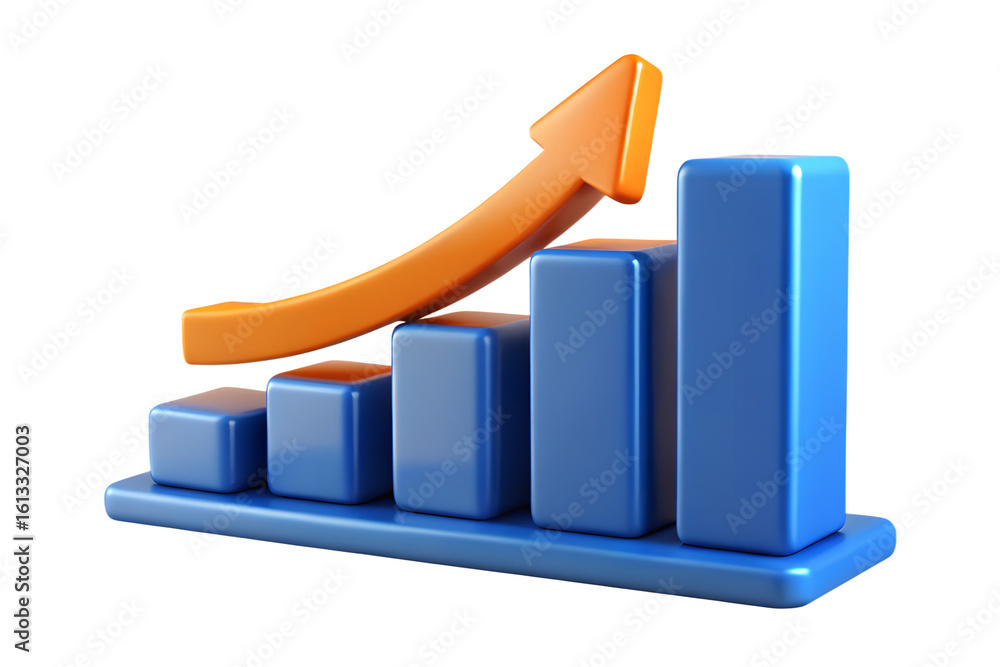 Poster a 3d blue bar chart with an orange arrow indicating upward growth and progress, isolated on a transp