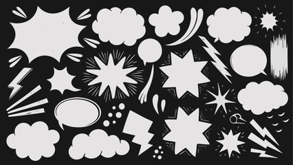 Collection of white comic speech bubbles clouds stars and lightning bolts on a black background design vector | editable eps vectors silhouette