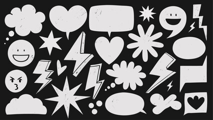 Collection of hand drawn speech bubbles clouds hearts stars and lightning bolts on a black background | editable eps vectors silhouette