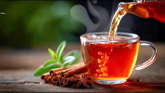 Hot herbal tea being poured into a clear glass cup surrounded by cinnamon sticks, star anise, honey dipper, and warm ambient lighting