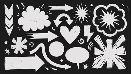 Assorted white hand drawn design elements on black background including arrows and speech bubbles and stars | editable eps vectors silhouette