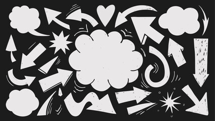 Collection of white arrows clouds stars and a heart on a black background in a doodle style design | editable eps vectors silhouette
