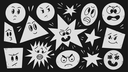 Cartoonish geometric shapes with various facial expressions and emotions on a dark black background design | editable eps vectors silhouette