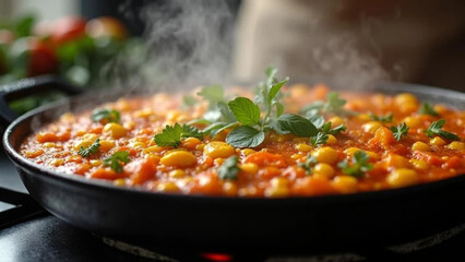 Spanish paella with vegetables. Close up. 