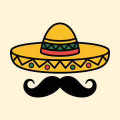 Mexican Sombrero Hat with Mustache Cartoon Style
