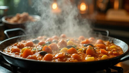 Spanish paella with vegetables. Close up. 