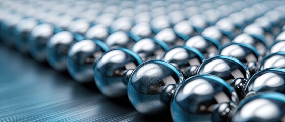 Obraz premium ball bearings metallic concept. Row of metallic spheres reflecting light on a smooth surface.