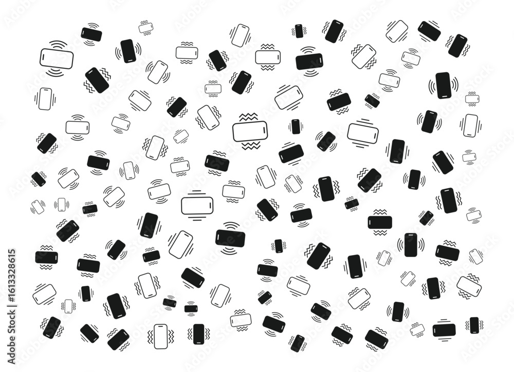 Poster scattered vibrating phone icons vector illustration mobile device alert notification symbols communi