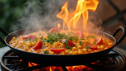 Spanish paella with vegetables. Close up. 