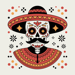 Colorful Sugar Skull in Sombrero Illustration