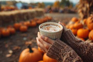 Close-up of a pair of hands holding a steaming mug of pumpkin spice latte outdoors, with a blurred background of carved pumpkins, hay, and fallen leaves