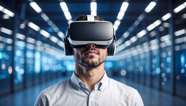 Man Wearing VR Headset in Modern Office - Metaverse