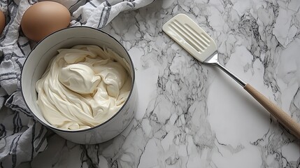 Baking preparation still life featuring creamy batter in a bowl with eggs and spatula on marble