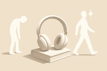 A minimalist illustration featuring a pair of headphones on a book. Two abstract figures represent a transformation from a slouched posture to an upright stance, symbolizing growth and motivation.