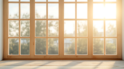 Bright sunshine filters through a wooden-framed window, illuminating the room with a warm glow and inviting view of lush greenery outside. #sunlight #window