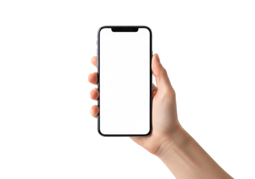 A light-skinned slender feminine hand holding a modern dark smartphone vertically with a blank white screen, isolated on a plain white background with copy space, concept for mobile app advertising